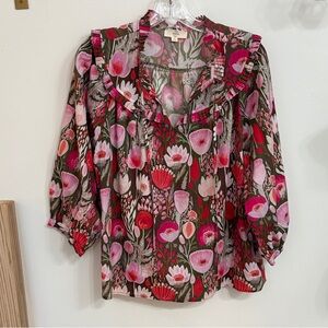 Entro Floral Ruffle Blouse - Pink and Red
